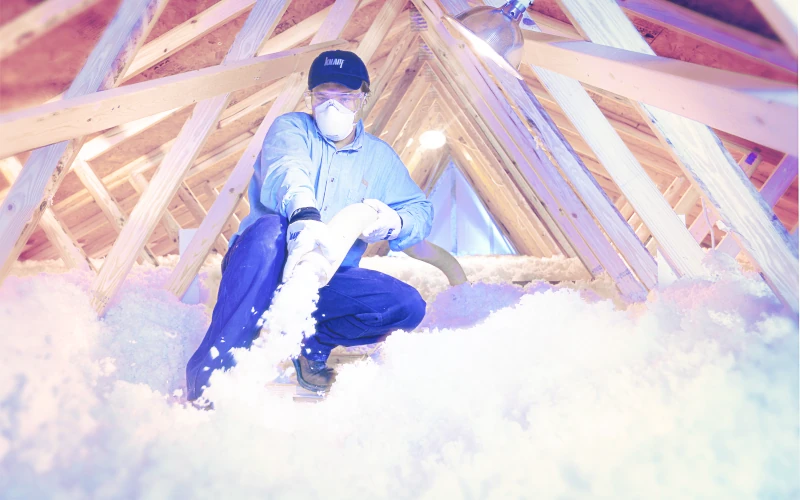 Handwerker verteilt Dämmmaterial im Dachstuhl.