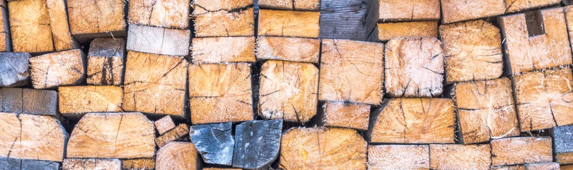 Gestapelte Holzscheite in verschiedenen Farben und Größen.