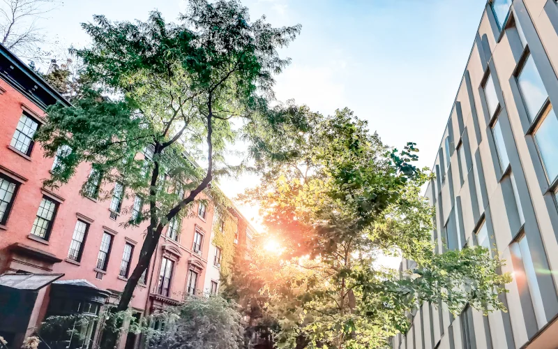 Innenstadt mit modernen Reihenhäusern und Bäumen in der Gangmitte