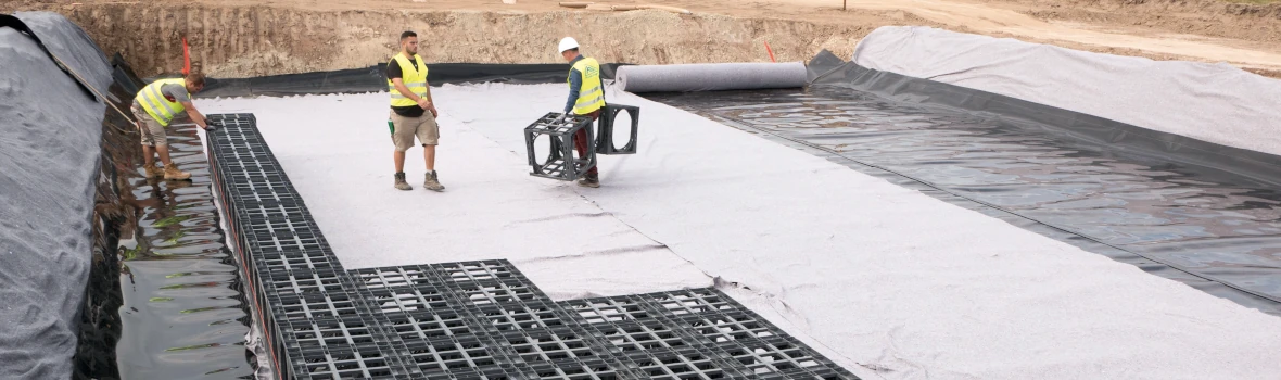 Niederschlagsspeicher, die von drei Männern auf einer Baustellen verteilt werden.