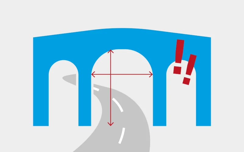 Animierte Abbildung einer Brücke und Pfeilen die die Höhe des Fahrzeuges symbolisieren