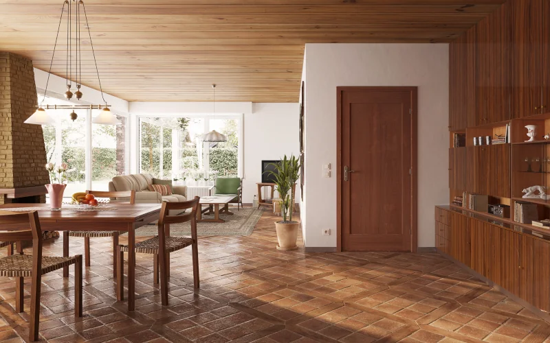 Wohnraum in Brauntönen mit Holzmöbeln, -Wänden, -Boden und -Türen