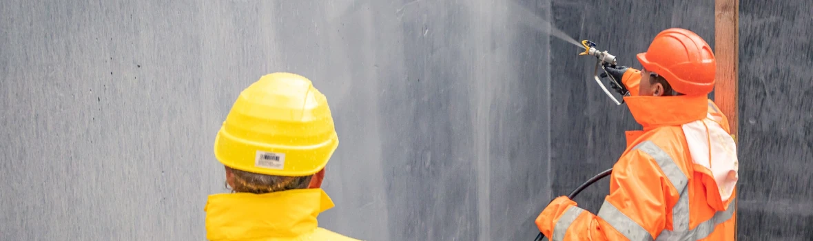 Handwerker sprühen eine Wand an