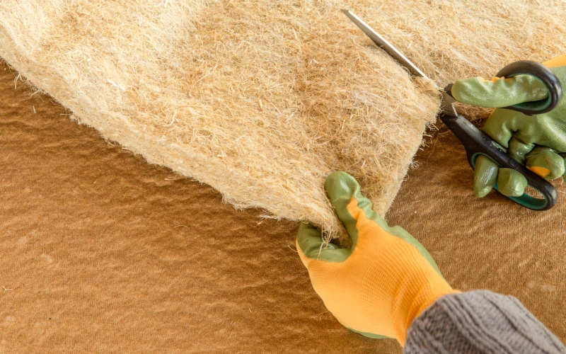 Handwerker schneidet Dämmstoff mit Schere und Handschuhen.