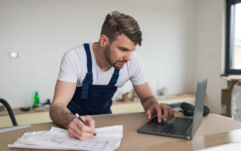 Ein man stütz sich auf ein Tisch. Auf dem Tisch befindet sich ein Notebook und Zettel.