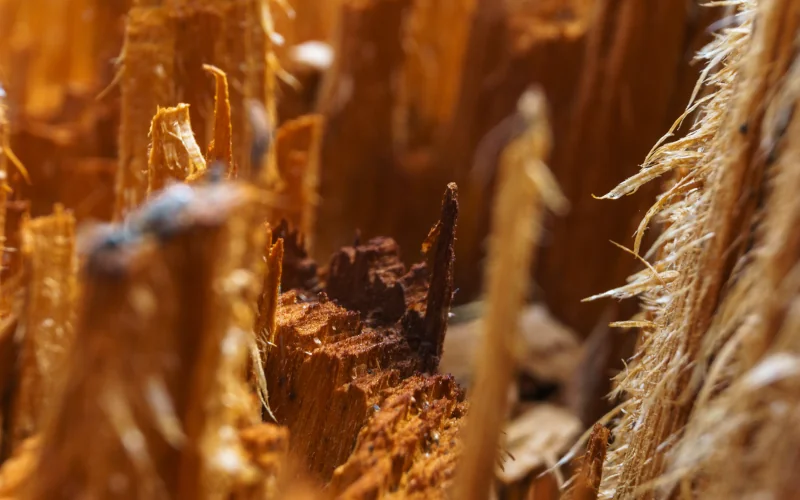 Nahaufnahme von zersplittertem Holz mit rauer Textur.