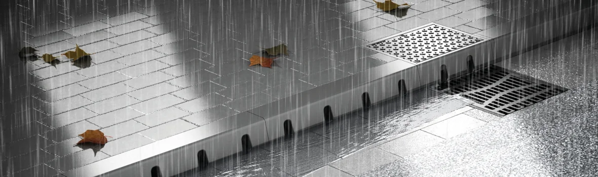 Regen prasselt auf einen Bürgersteig mit eingebautem Abflusssystem 