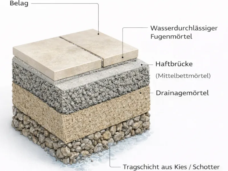 Darstellung eines Aufbaus von Tragschicht bis Bodenbelag im Außenbereich