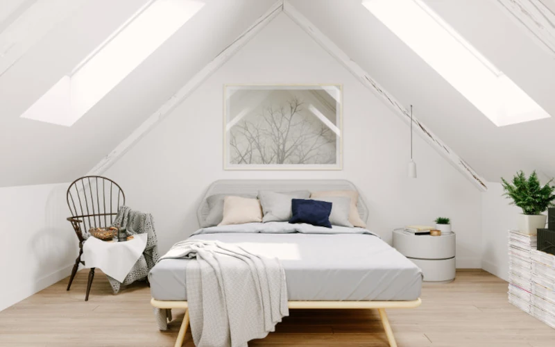 ausgebautes Dachgeschoss als Schlafzimmer mit zwei Dachfenstern über dem Bett