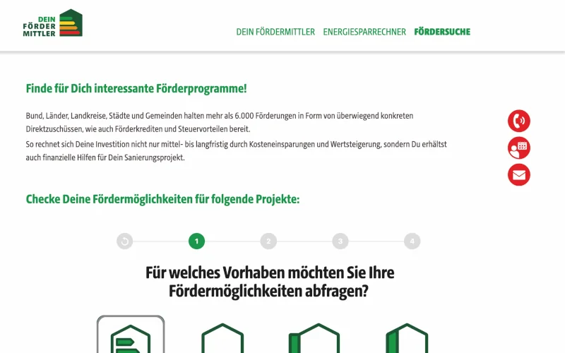 Ausschnitt aus einer Internetseite vom FÖRDERMITTLER mit verschiedenen Funktionen