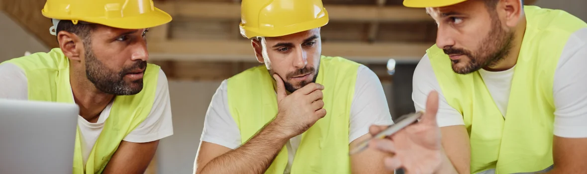 Drei männliche Handwerker, die einen gelben Schutzhelm und eine gelbe Weste tragen und miteinander sprechen. Alle drei stützen sich auf einen Tisch. Links im Bild befindet ein Notebook.
