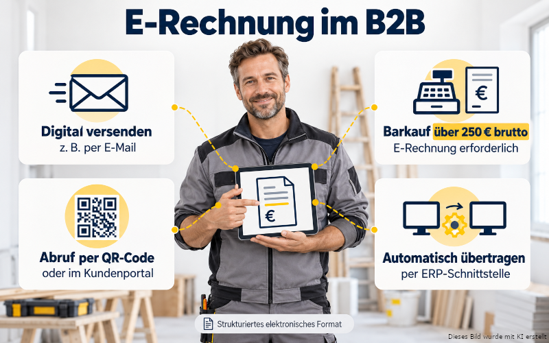 KI generierte Infografik mit einem Handwerker in der Mitte umgeben von Grafíken zum Thema E-Rechnung im B2B