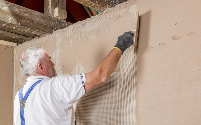 Handwerker bettet ein Gewebe in den Unterputz mit ein um Rissbildungen zu vermeiden.