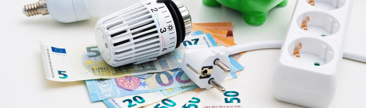 Heizungsthermostat, Kabelsteckdose, Glühleuchte und Geldscheine