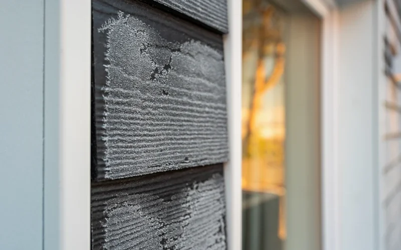 Hauswand mit schwarzen Fassadenplatten bei Frost