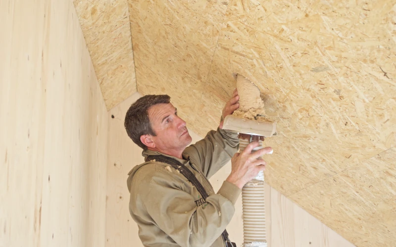 Handwerker befüllt Holzwand mit Dämmmaterial.