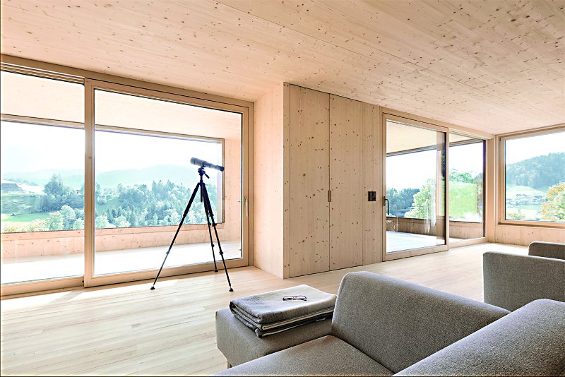 Wohnzimmer mit heller Holzverkleidung innen