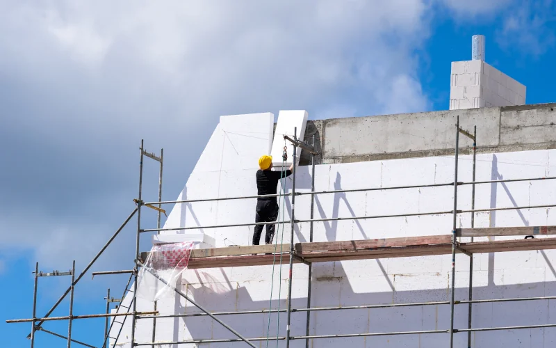 Mann bringt Styropordämmplatten an Fassade an