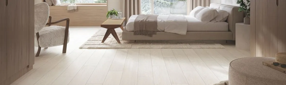 Schlafzimmer mit weißen Dielen im Japandi Style von Parador