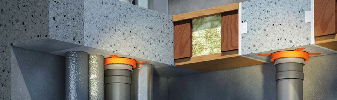 Brandschutzmanschetten sichern Rohrdurchführungen in Decke gegen Feuer- und Rauchausbreitung.