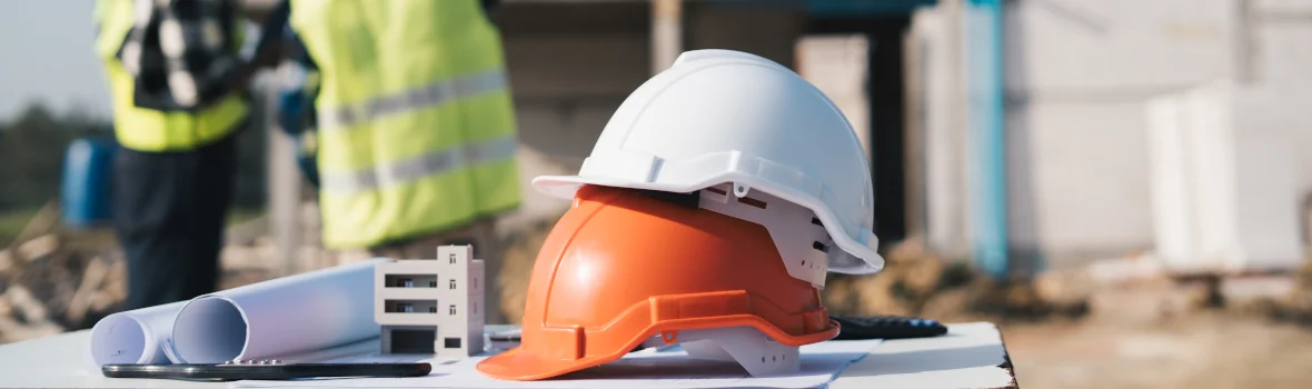 Tisch auf einer Baustelle mit Plänen und zwei Helmen