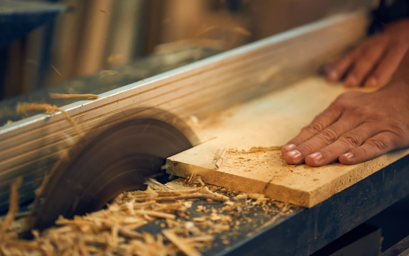 Handwerker schneidet Holz auf einer Tischkreissäge