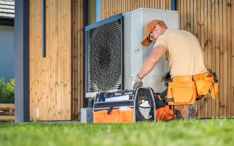 Handwerker der an einer Wärmepumpe arbeitet