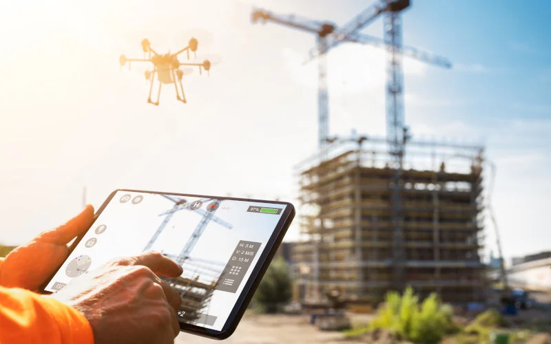 Arbeiter steuert Drohne auf Baustelle mithilfe eines Tablets 