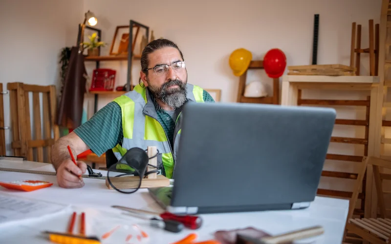 Handwerker sitzt am Laptop in einer Werkstatt