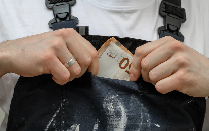 Handwerker mit Geld in der Brusttasche seiner Latzhose
