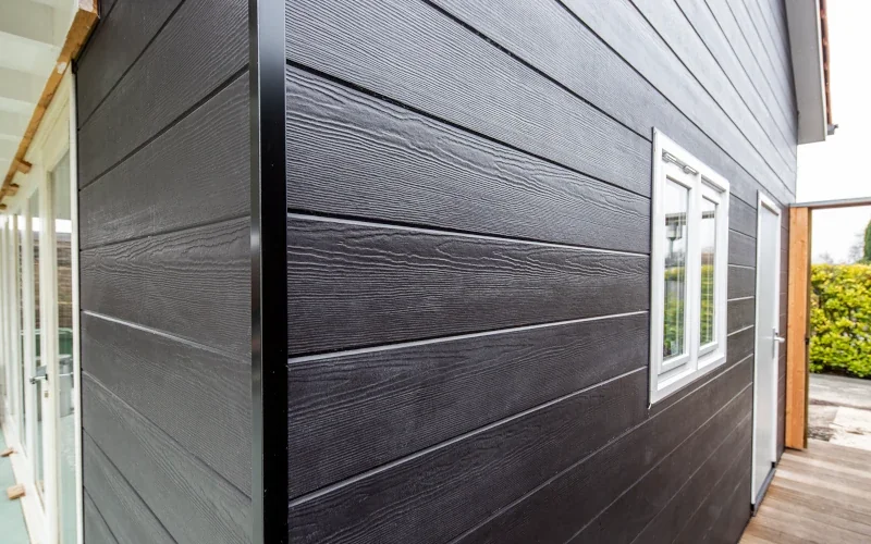 Hauswand mit schwarzen Fassadenplatten
