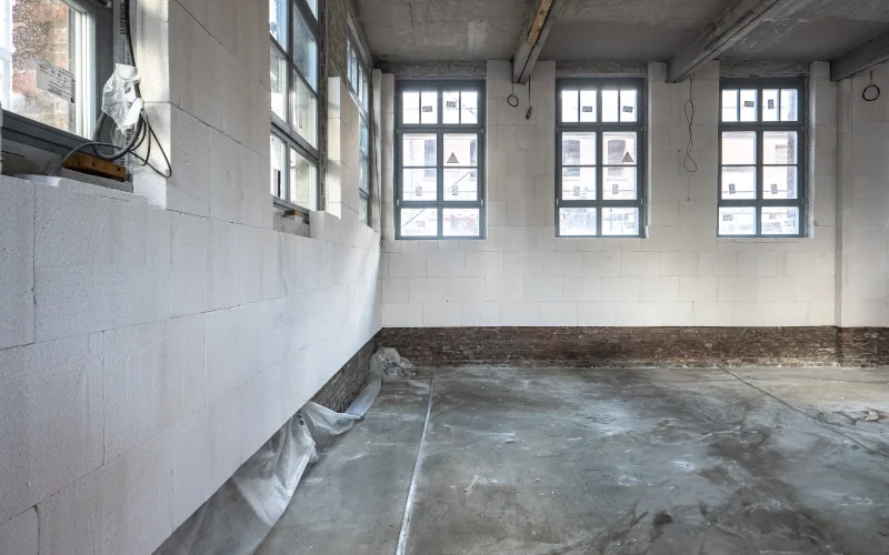 Haus in der Sanierung mit offenen Wänden und Folie auf dem Boden