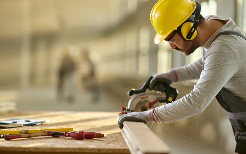 Handwerker sägt Holz mit einer Kreissäge