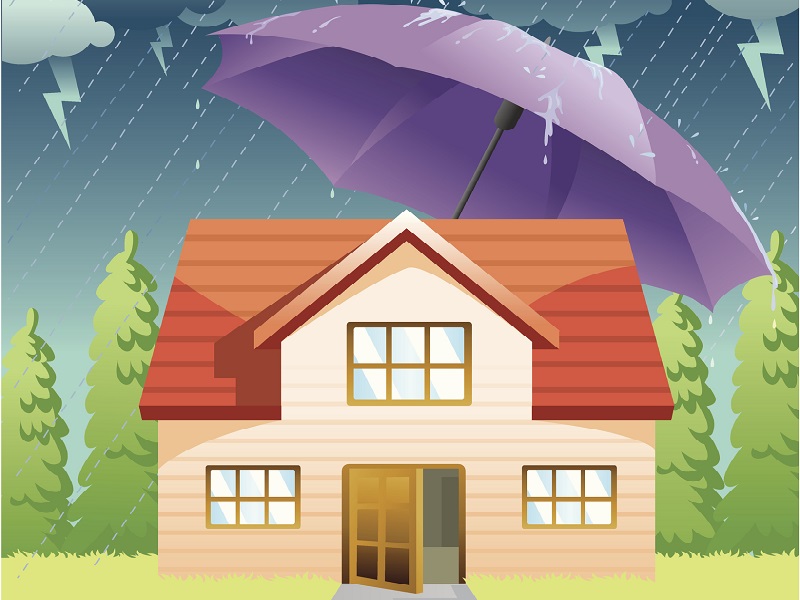 Grafik eines Hauses das im Regen steht und durch einen riesigen Schirm geschützt ist 