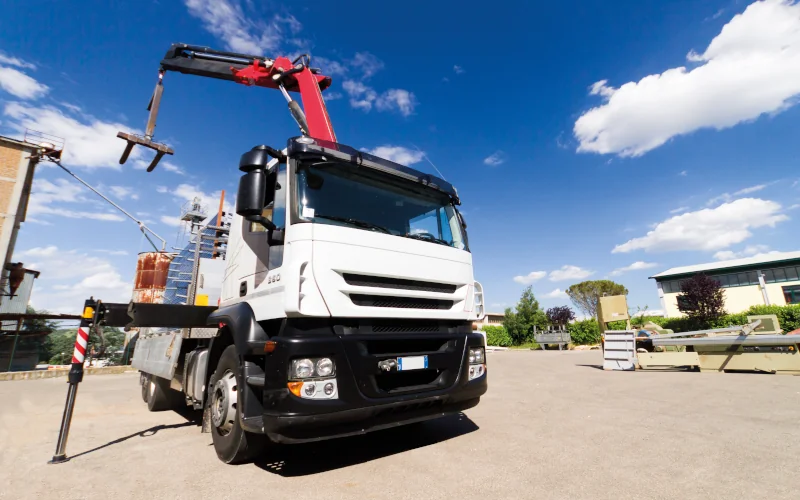 LKW mit Kran auf der Ladefläche verlädt Material