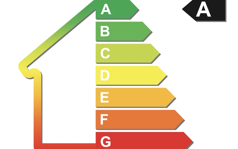 Haus mit Energieeffizienz-Skala an der Seite von A bis G