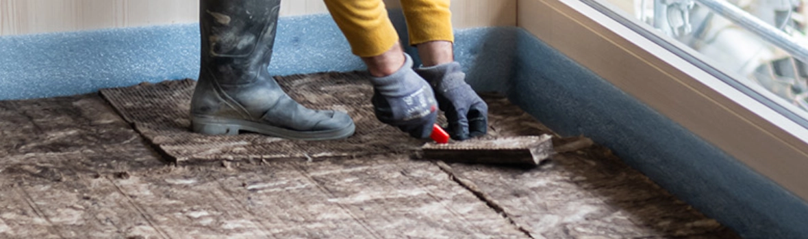 Ein Handwerker verlegt Dämmmaterial als Schallschutz in einem Wohngebäude.