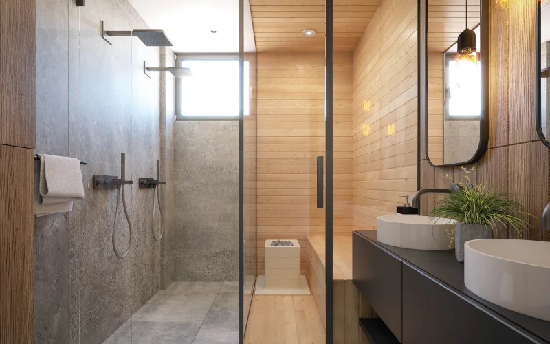 Sauna im Keller mit Duschen und Wascharmaturen 