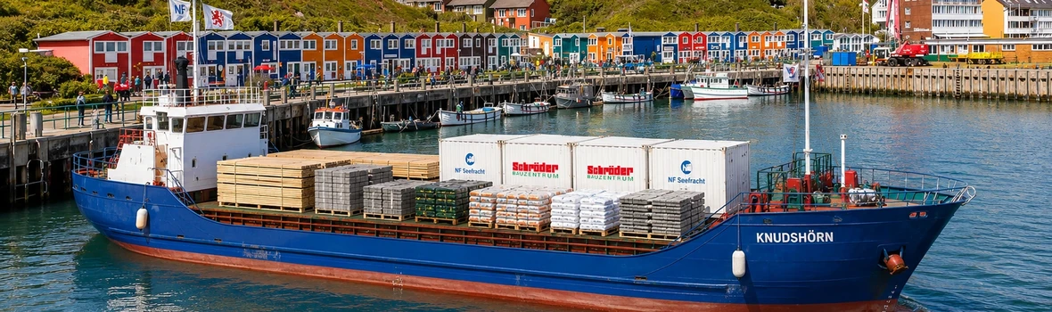 Das Bild zeigt das Frachtschiff „Knudshörn“ der NF Seefracht GmbH im Hafen von Helgoland. Auf dem offenen Laderaum befinden sich palettierte Baustoffe sowie mehrere Container mit dem Logo des Schröder Bauzentrums, die für den Transport auf die Insel vorbereitet sind. Im Hintergrund sind die typischen bunten Hummerbuden entlang der Hafenpromenade sowie die grüne Steilküste Helgolands mit einem Sendemast zu sehen. Das Schiff steht beispielhaft für die neue regelmäßige Frachtverbindung zwischen Büsum und Helgoland, über die das Schröder Bauzentrum Baustoffe, Holz, Werkzeuge, Gartenbedarf und weitere Baumarktartikel zuverlässig auf die Insel liefert.