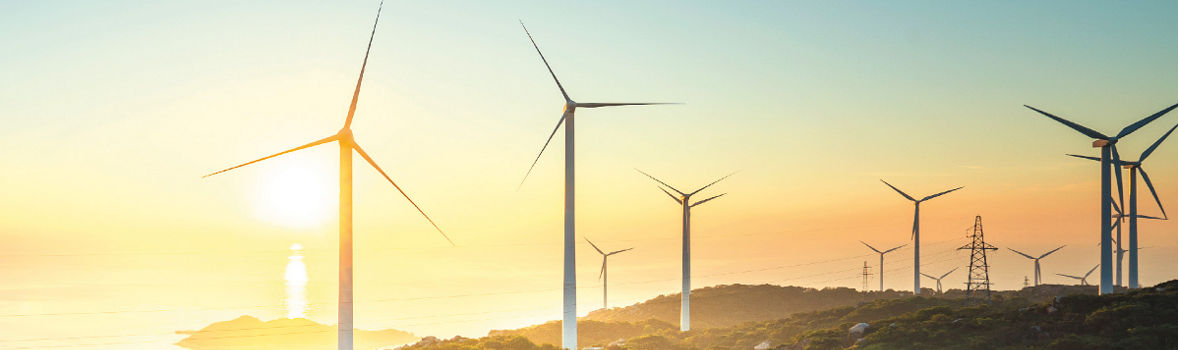 hügelige Grün-Landschaft mit vielen Windrädern im Sonnenuntergang 