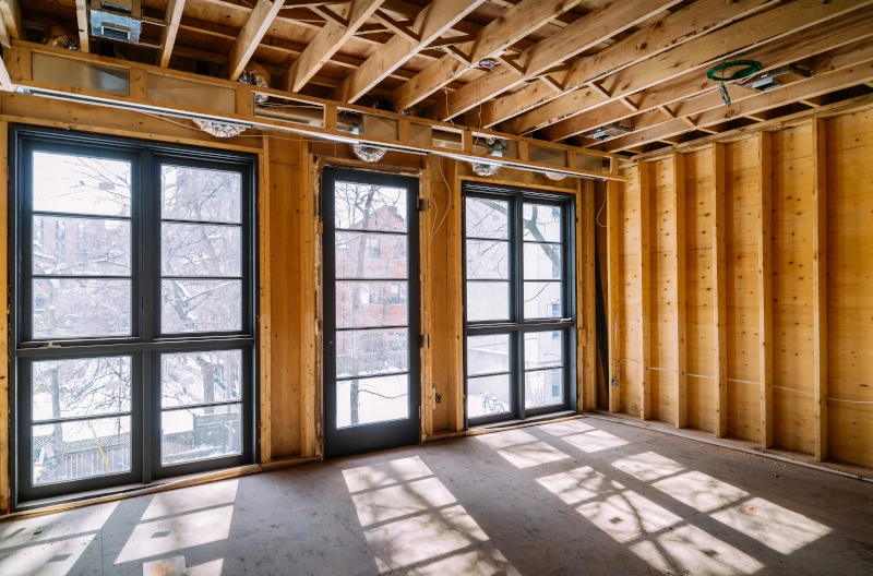 ein Holzhaus im Bau von innen mit offenen Wänden und Decken