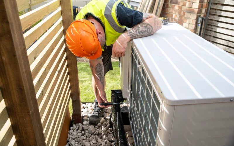 Handwerker wartet eine Wärmepumpe 