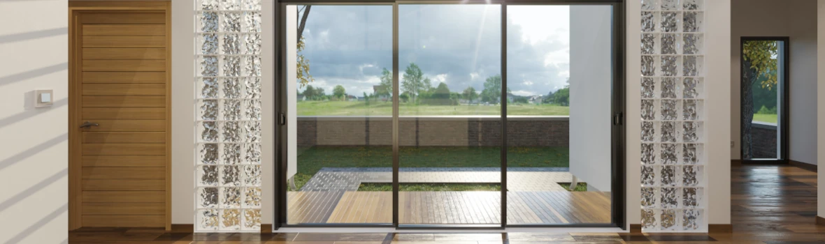 Wohnraum mit großer Fensterfront mit Blick ins Grüne 