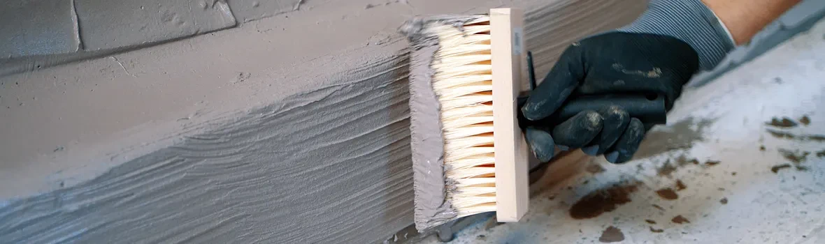 Mit einem Pinsel wird eine graue Masse unten auf einer Wand aufgetragen.