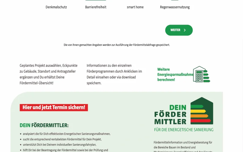 Ausschnitt aus einer Internetseite vom FÖRDERMITTLER mit verschiedenen Funktionen