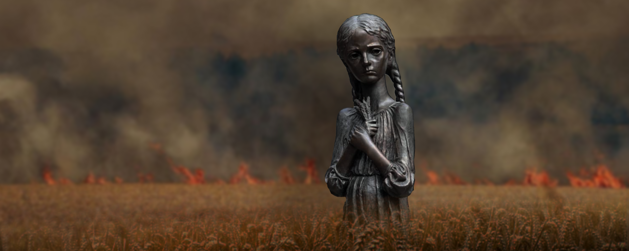 «Дівчинка з колосками» на тлі пшеничного поля, що загорілося внаслідок обстрілів російської армії. Колаж: Нова Польща
