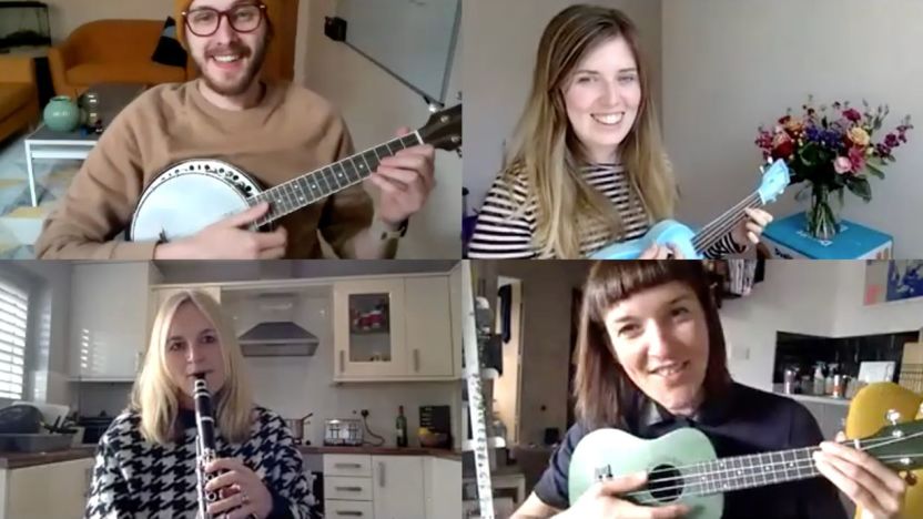 Collage photograph of people playing music together over a Zoom call.