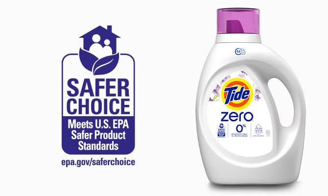 El detergente líquido para ropa Tide Zero Soft Lavender está certificado por la EPA como Safer Choice
