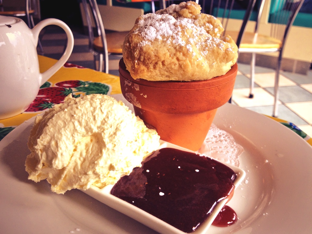 The Wayzgoose Cafe in Leura Blue Mountains offers their renowned flower-pot scones with jam and cream