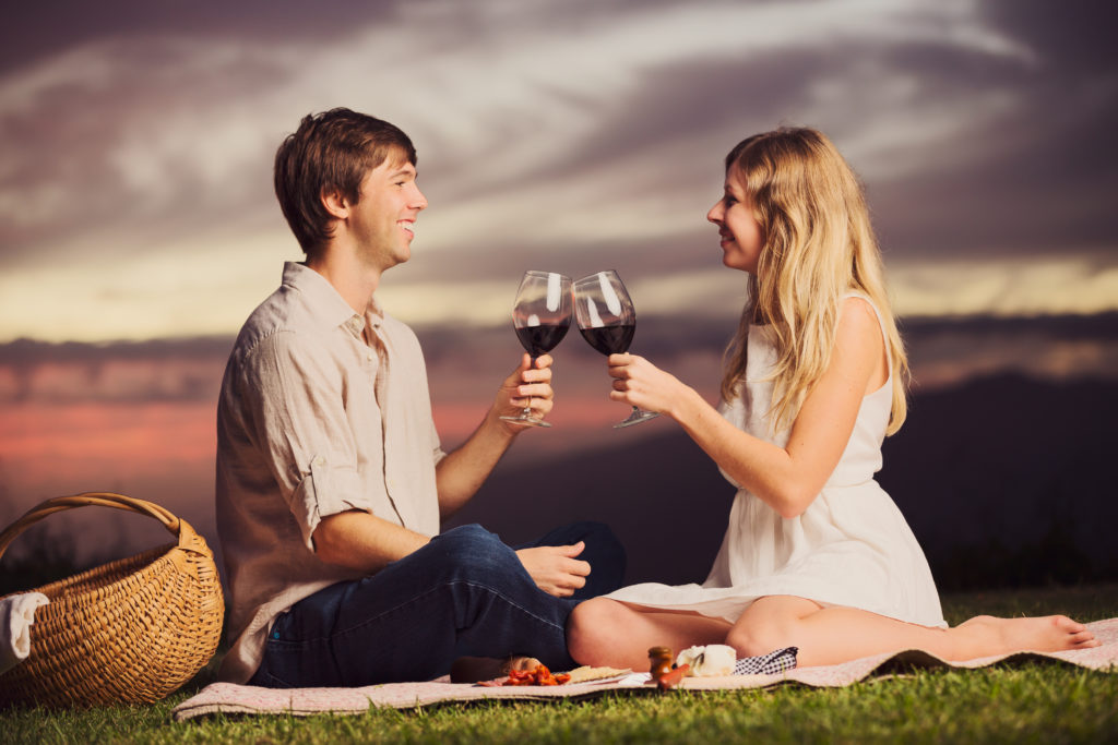 Couple enjoying a romantic glass of wine on picnic blanket
